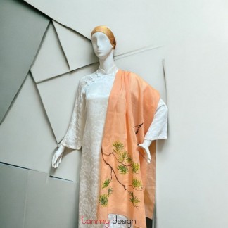 Light orange ramie scarf hand-painted with juniper and crane 70*190cm